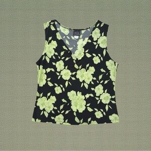 Vintage 00s Y2K JKLA California Black Green Rose Stretchy Ruched V Tank Top